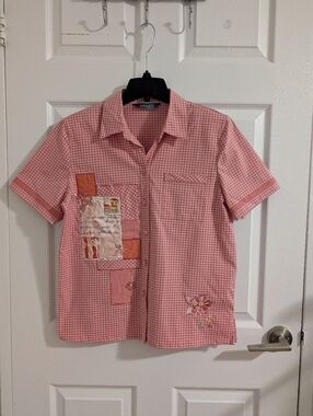 NWOT Koret Vintage Style Gingham Plaid Button Up Shirt Patchwork Floral Pink S